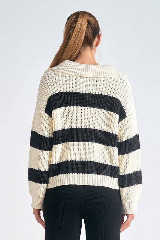 Elan Striped Collared V-Neck Sweater