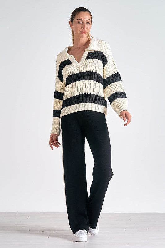 Elan Striped Collared V-Neck Sweater