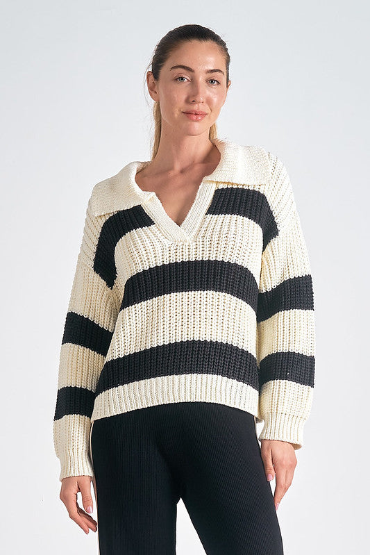 Elan Striped Collared V-Neck Sweater