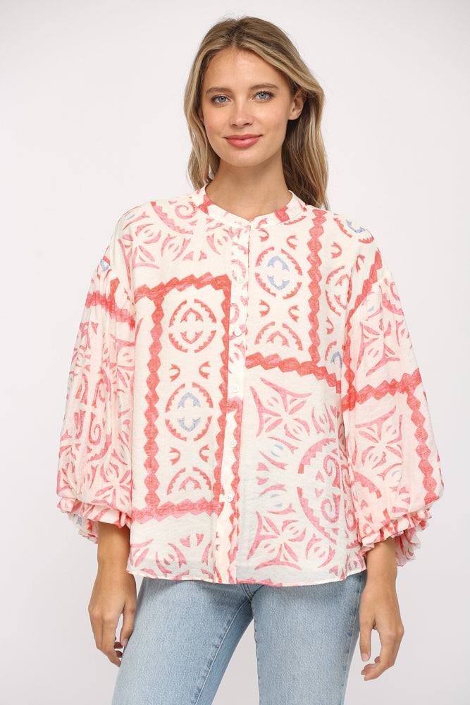 Kate Aztec Print Bubble Sleeve Blouse