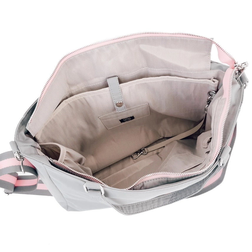 Interior view of the Gray Nina Nylon Tote Bag with exterior zipper pocket, adjustable strap, and interior compartments for everyday convenience.