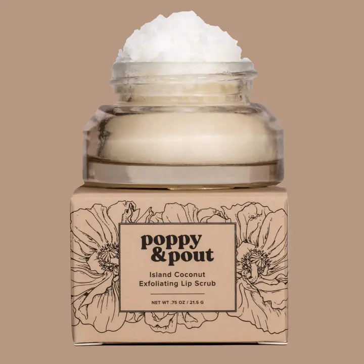 A glass jar of Poppy & Pout Island Coconut Lip Scrub, a natural exfoliating scrub with a light, tropical coconut scent. Made with sugar, coconut oil, and essential oils to gently smooth and hydrate lips. Perfect for a beachy, summer-inspired lip care routine.