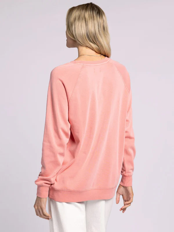 Back view of the Thread & Supply Hangout Top in strawberry ice. Cozy long sleeve crewneck with a relaxed fit, ribbed cuffs, and hem