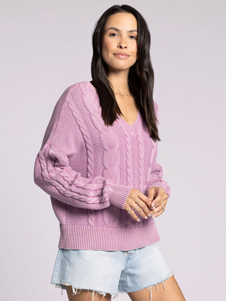 Thread & Supply Harriet Sweater in soft cotton with a relaxed fit, v-neckline, and classic cable knit detailing.