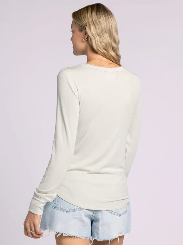 Back view of Thread & Supply Stacy Top in aqua mist. Fine-ribbed, buttery soft long sleeve with a relaxed fit, crew neck, and cuffs. Lightweight and versatile for layering or everyday wear.