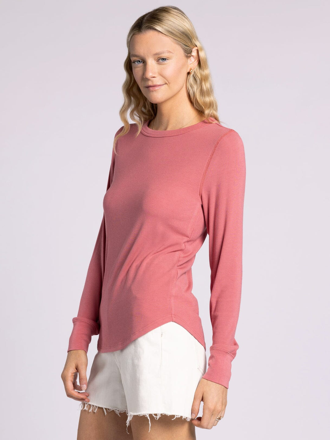 Thread & Supply Stacy Top in slate rose. Fine-ribbed, buttery soft long sleeve with a crew neck and cuffs. Lightweight and perfect for layering or everyday wear.