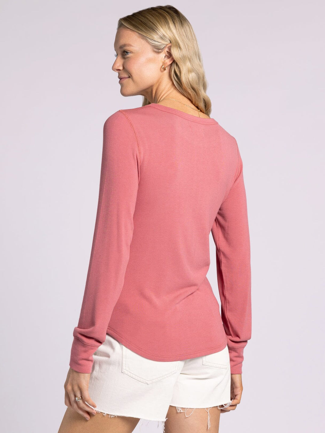 Thread & Supply Stacy Top in slate rose. Fine-ribbed, buttery soft long sleeve with a crew neck and cuffs. Lightweight and perfect for layering or everyday wear.