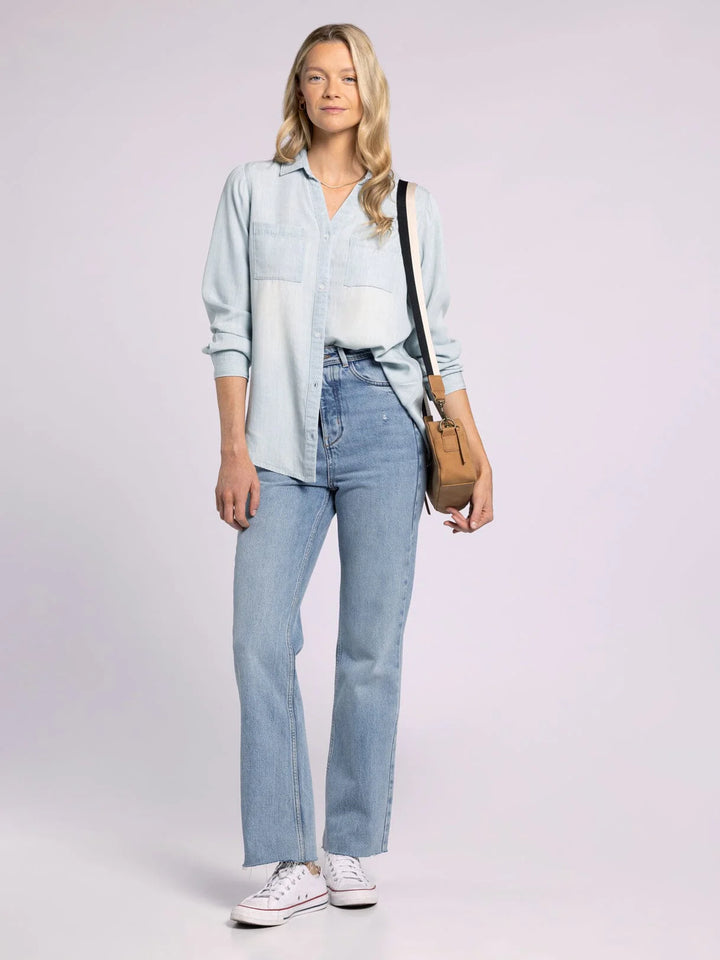 Full styled outfit view of the Ginger Mia Pinstripe Top by Thread and Supply in soft Tencel with a relaxed fit, button-front closure, and dual front pockets, styled for effortless layering.