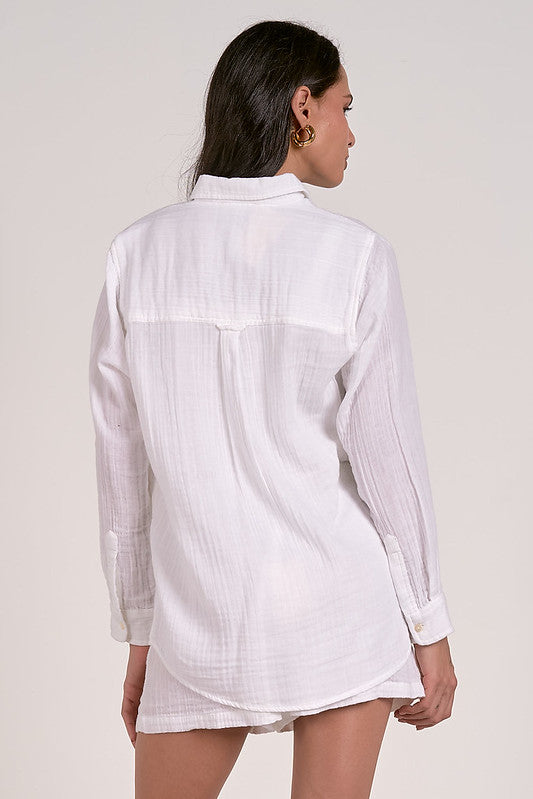 Back view of Charlotte Cotton Gauze Button Up by Elan – white semi-sheer gauze shirt with chest pocket and button front.