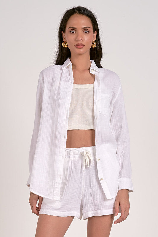 Charlotte Cotton Gauze Button Up by Elan – white semi-sheer gauze shirt with chest pocket and button front.