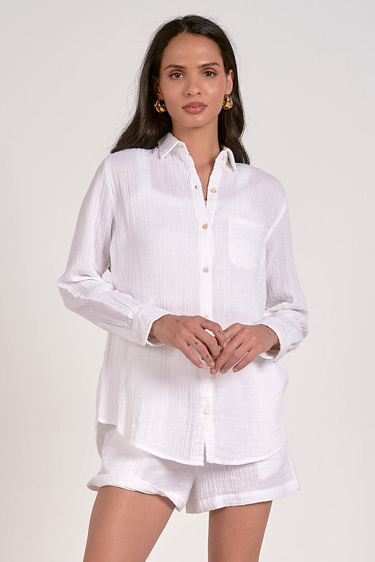 Charlotte Cotton Gauze Button Up by Elan – white semi-sheer gauze shirt with chest pocket and button front.