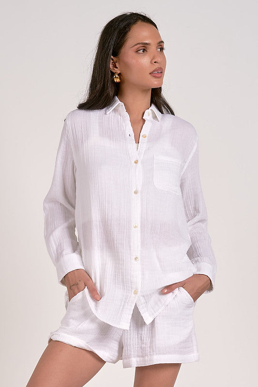 Charlotte Cotton Gauze Button Up by Elan – white semi-sheer gauze shirt with chest pocket and button front.

