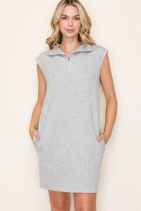 Collins Zip Shift Dress by Staccato – sleeveless mock neck mini shift dress with pockets in soft heather gray
