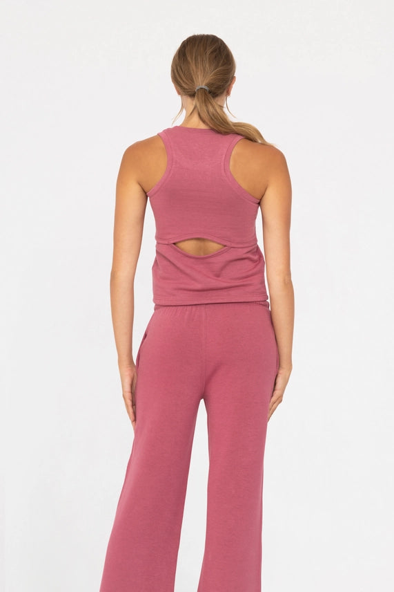 Back view of Ember Keyhole Lounge Tank in Soft Magenta showing keyhole cutout