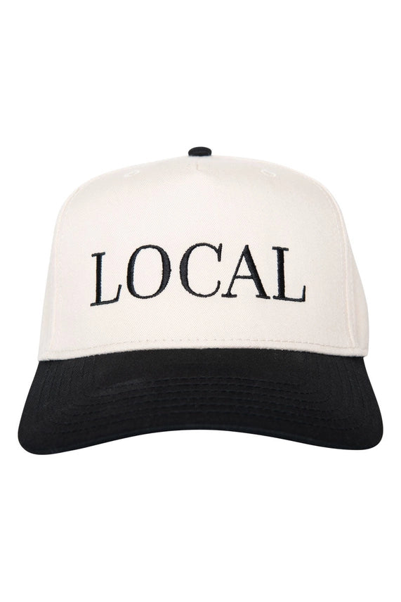Black and tan structured snapback hat with LOCAL embroidered on front