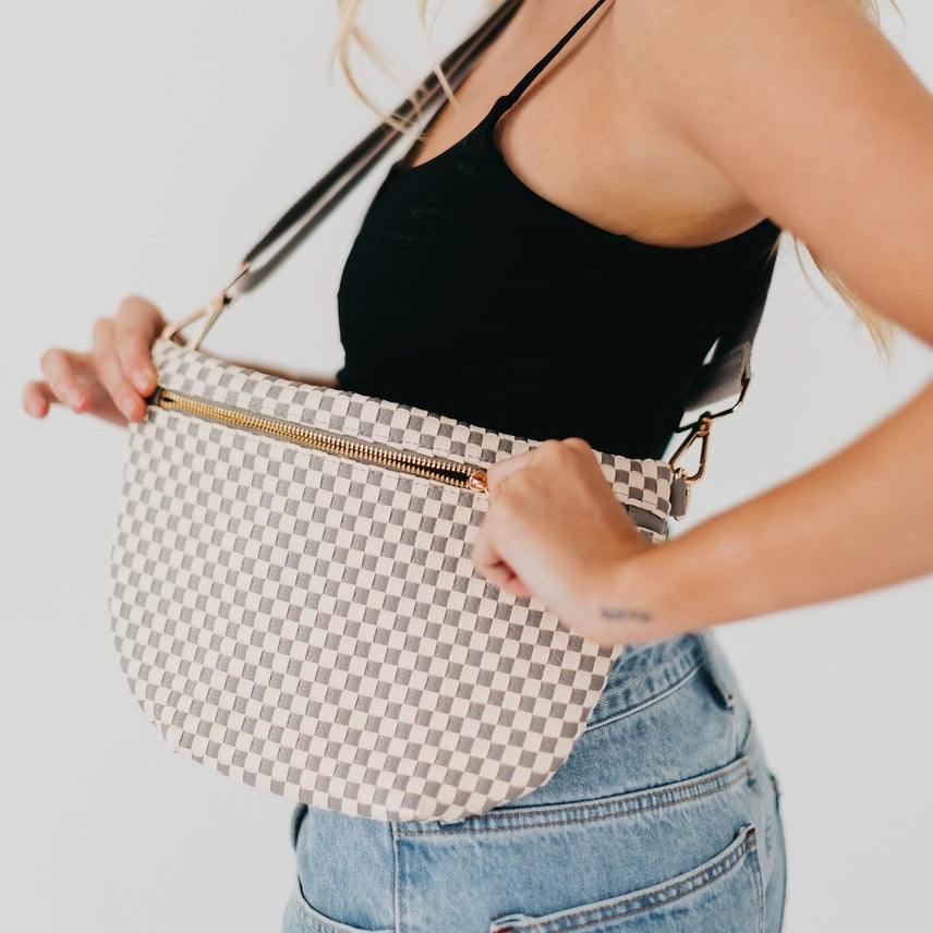 Checkered Gray Maddox Woven Bum Bag with zipper and adjustable strap.