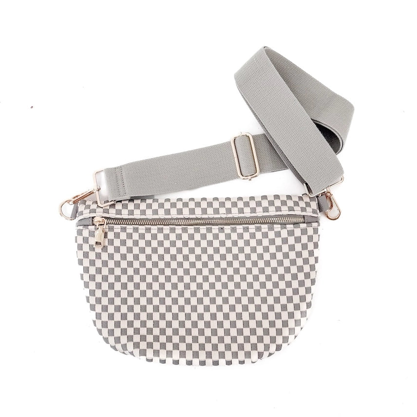 Checkered Gray Maddox Woven Bum Bag with zipper and adjustable strap.