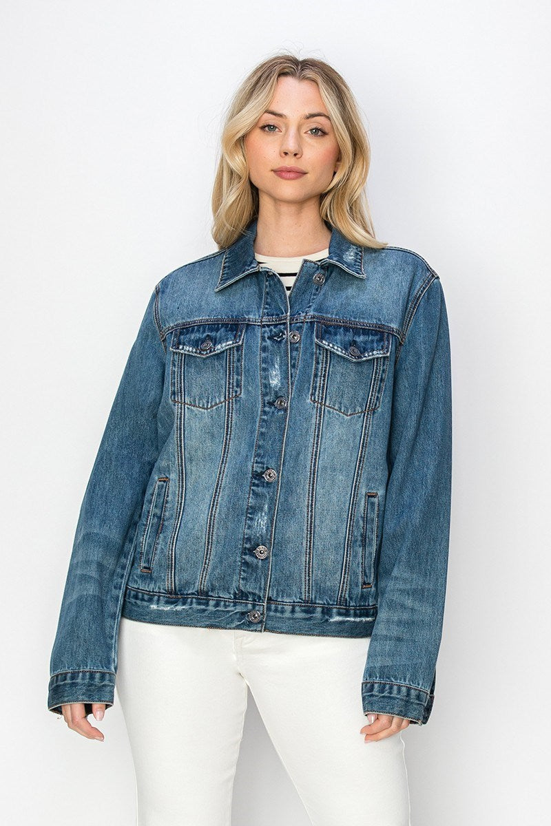 Mara Vintage Denim Jacket by Risen – relaxed fit 100% cotton trucker jacket with light distressing and chest pockets.