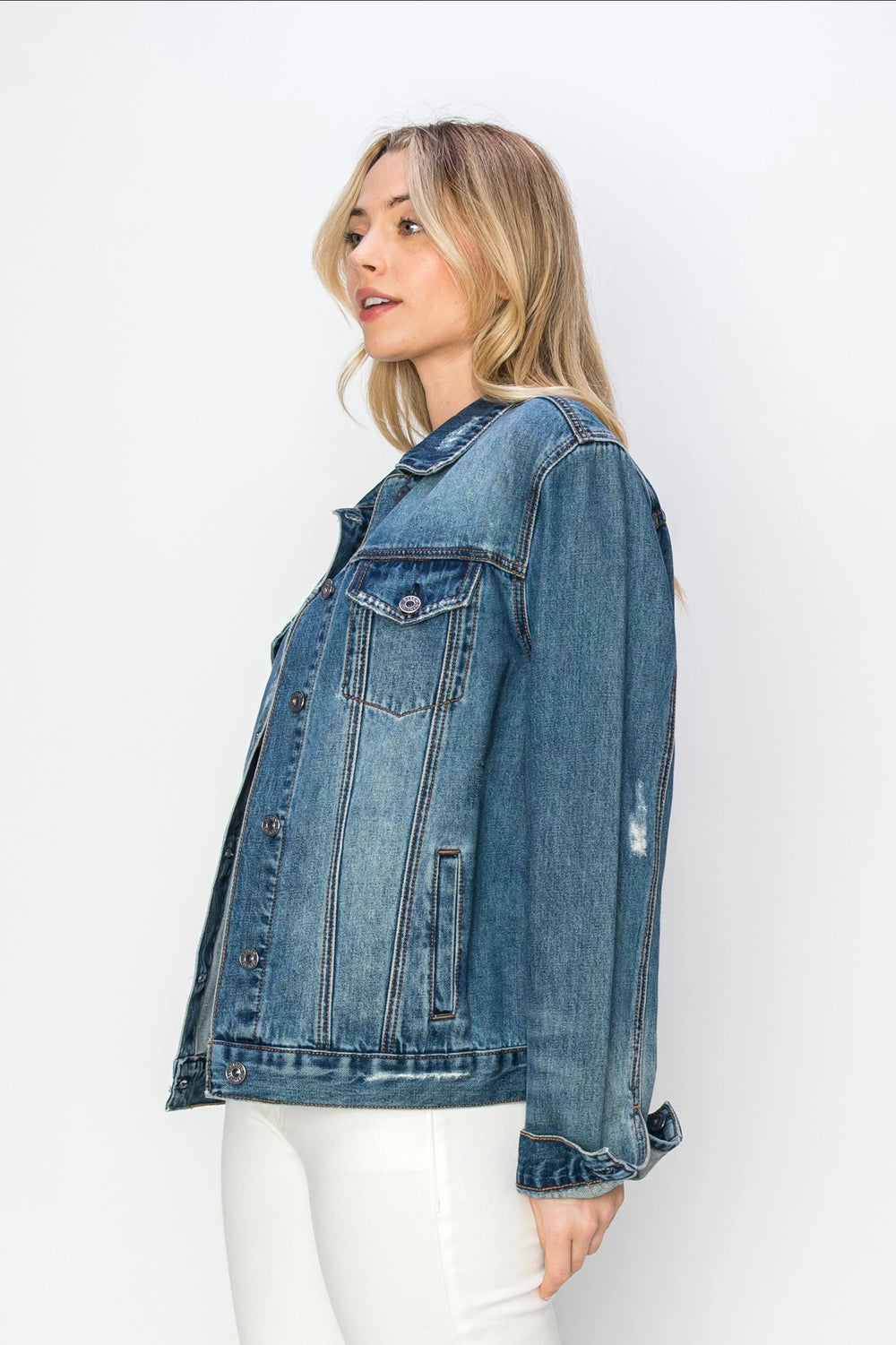 Mara Vintage Denim Jacket by Risen – relaxed fit 100% cotton trucker jacket with light distressing and chest pockets.