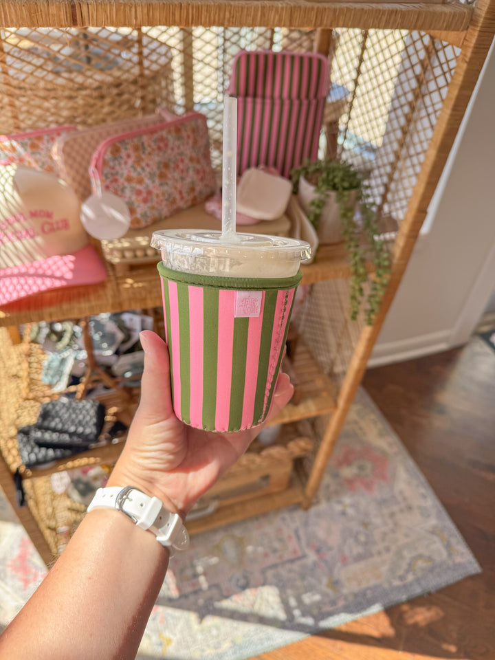 Pink & Green Striped Reusable Iced Coffee Sleeve – 16oz / 24oz