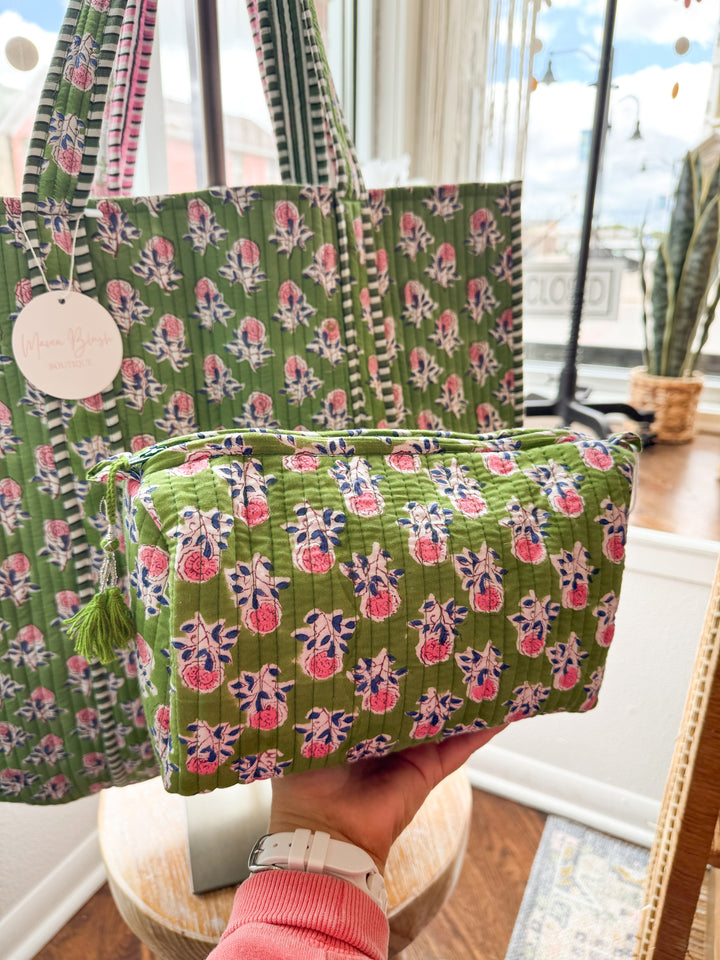 Poppy Quilted Oversized Tote – Green Floral