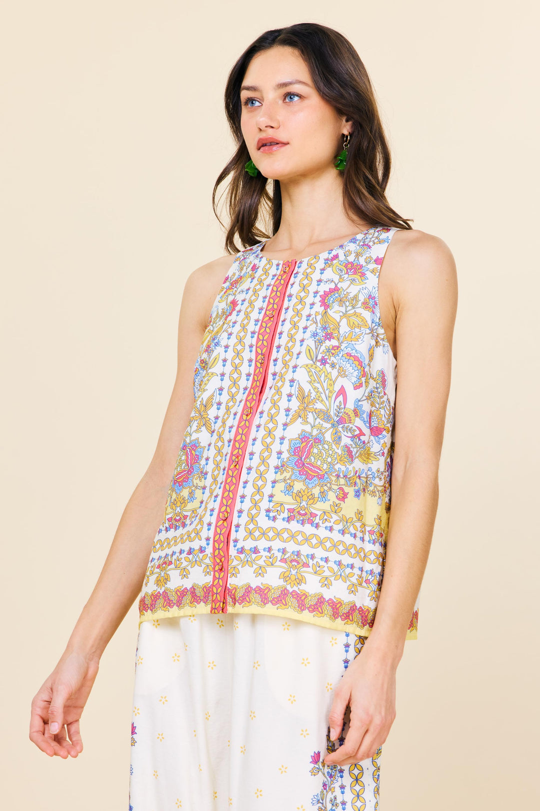 Skies Are Blue sleeveless multicolor border print top with buttons and lining