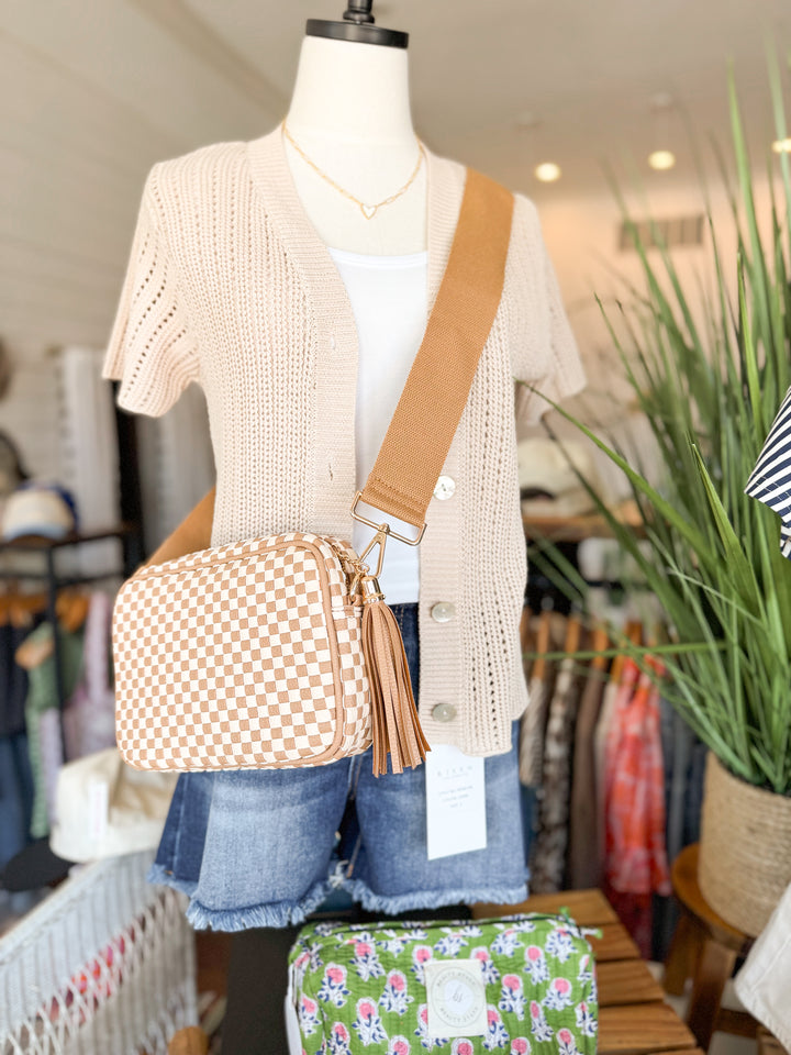 Woven Willow camera crossbody bag in checkered tan with gold hardware