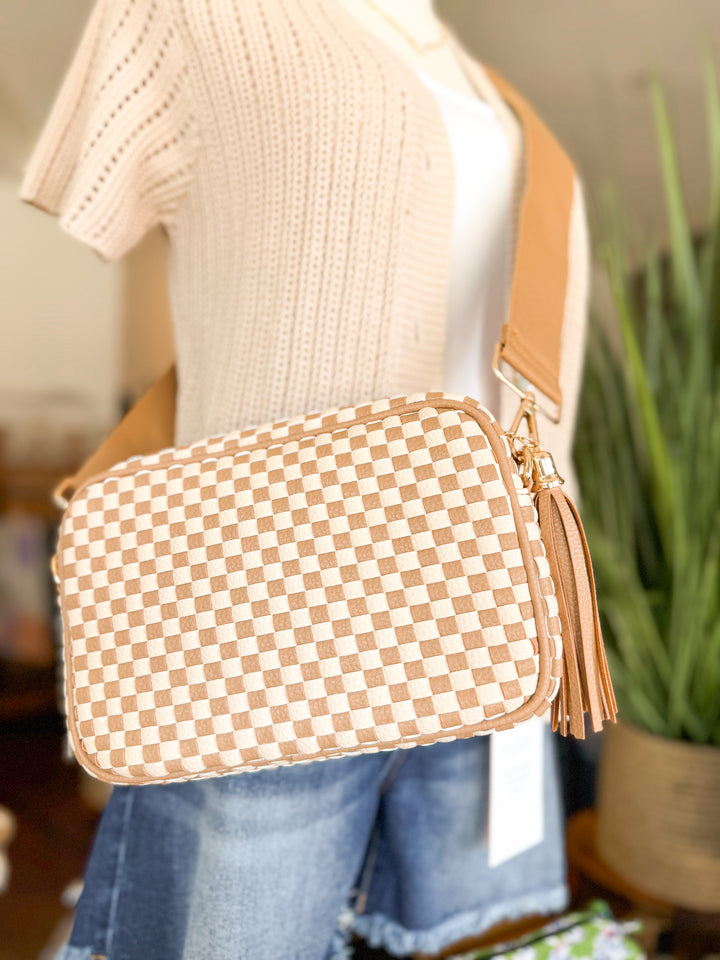 Woven Willow camera crossbody bag in checkered brown with gold hardware