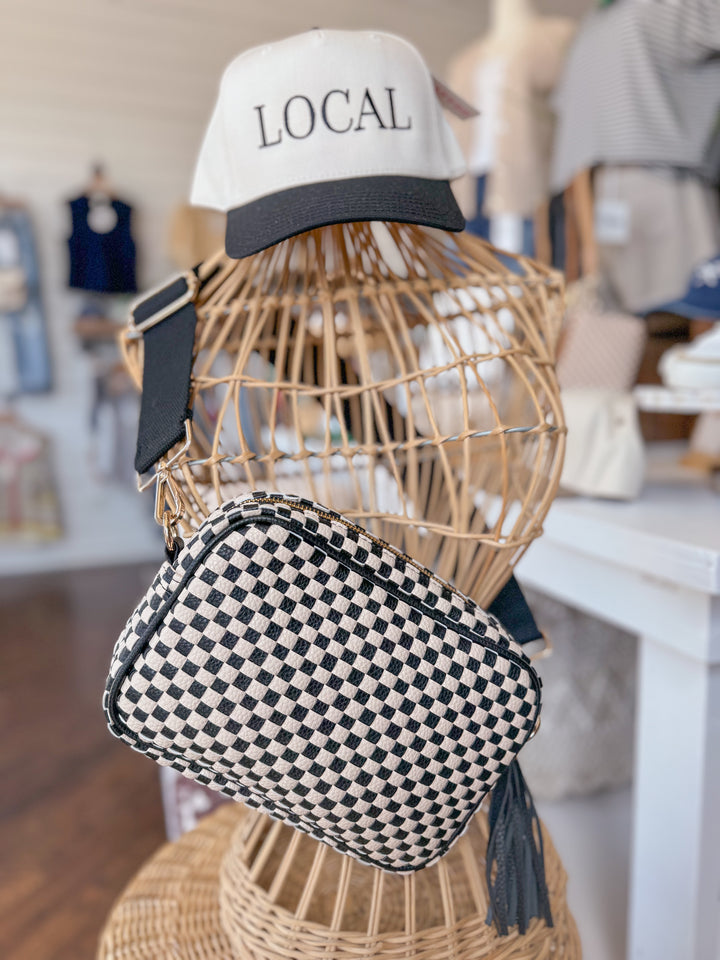 Woven Willow Camera Crossbody Bag - Checkered Black
